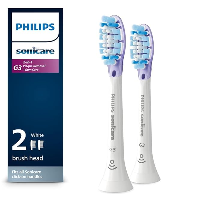 Philips Sonicare G3 2-in-1 Plaque Removal + Gum Care Brush Heads, Genuine Replacement Toothbrush Heads, White, 2 Pack, HX9052/65
