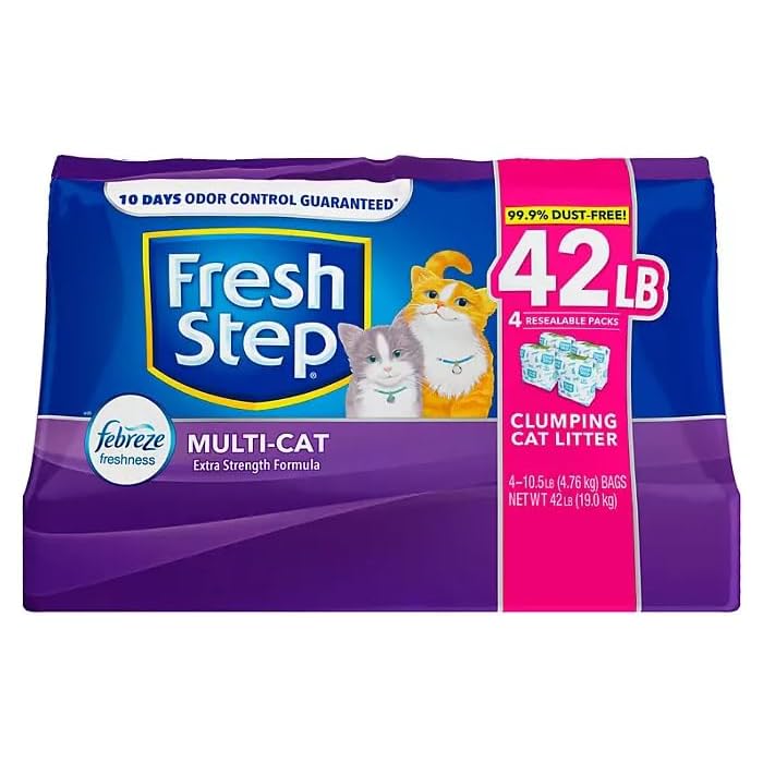 FreshStep Extra Strength Multi-Cat Scented Clumping Litter w/Febreze Scent Cat Litter, 4 Pack 42 lbs, GRAY