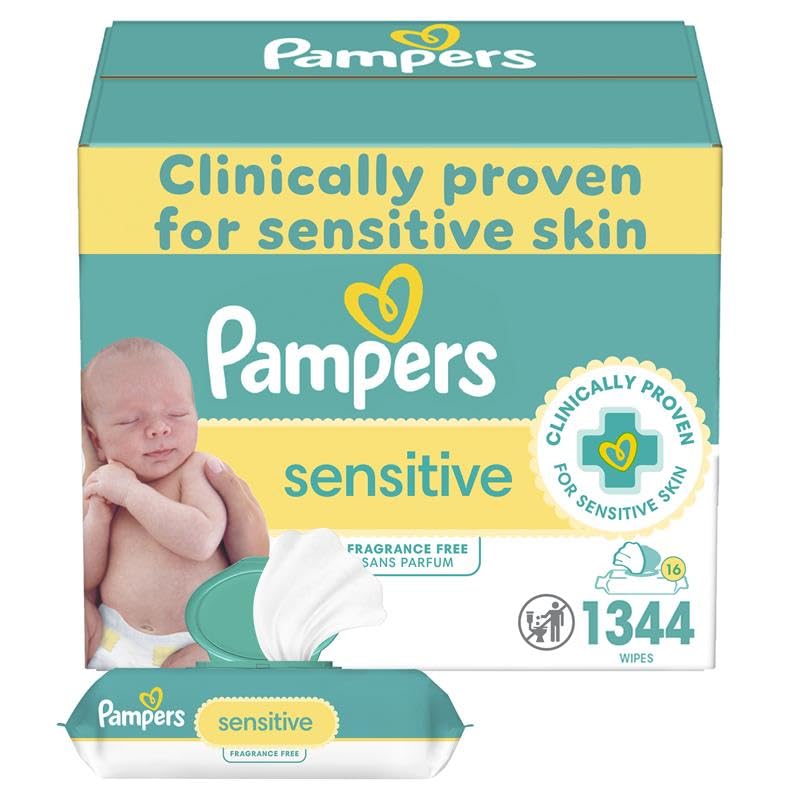 Pampers Sensitive Baby Wipes, Water Based, Hypoallergenic and Unscented, 1344 Wipes Total (16 Flip-Top Packs)