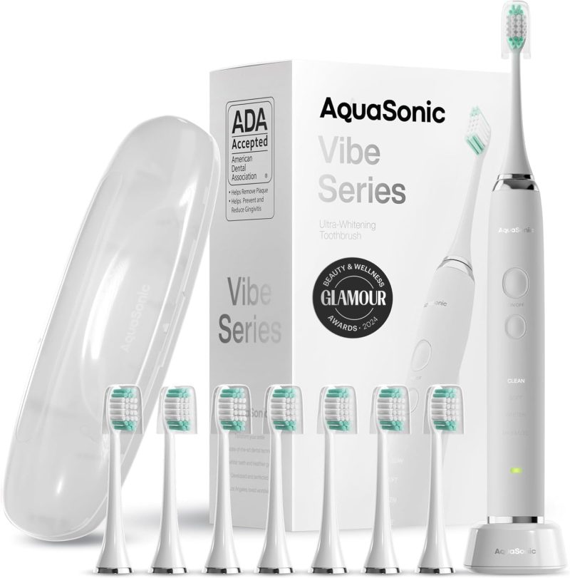 Aquasonic Vibe Series Ultra-Whitening Toothbrush – ADA Accepted Electric Toothbrush - 8 Brush Heads & Travel Case – 40,000 VPM Motor & Wireless Charging - 4 Modes w Smart Timer – Optic White