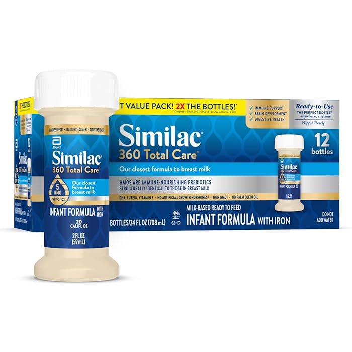 Similac 360 Total Care Infant Formula, Has 5 HMO Prebiotics, Our Closest Prebiotic Blend to Breast Milk, Non-GMO,‡ Baby Formula, Ready to Feed, 2-fl-oz Bottle, Pack of 12