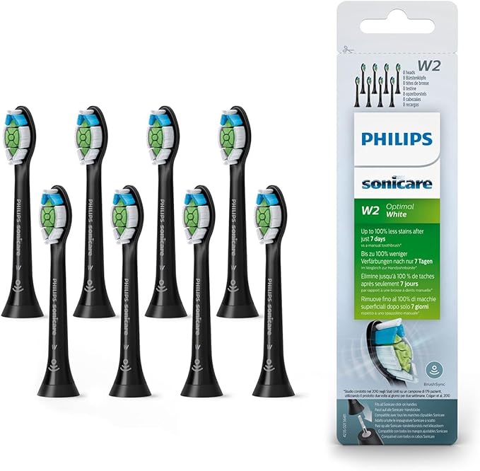 Philips Sonicare W2 Optimal White Brush Heads - 8 Pieces - Removes plaque - Automatically selects the optimal brushing mode - Suitable for all Philips Sonicare toothbrushes - Black - HX6068/13