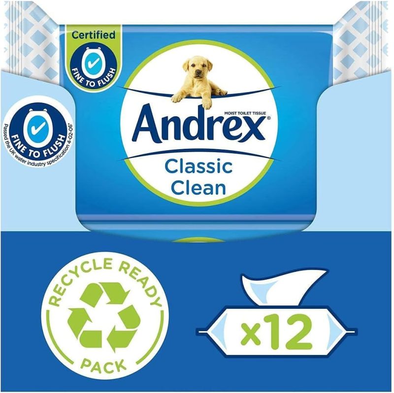 Andrex Classic Clean Washlets - Toilet Tissue Wet Wipes with Micellar Water - 12 Packs (480 tissues)