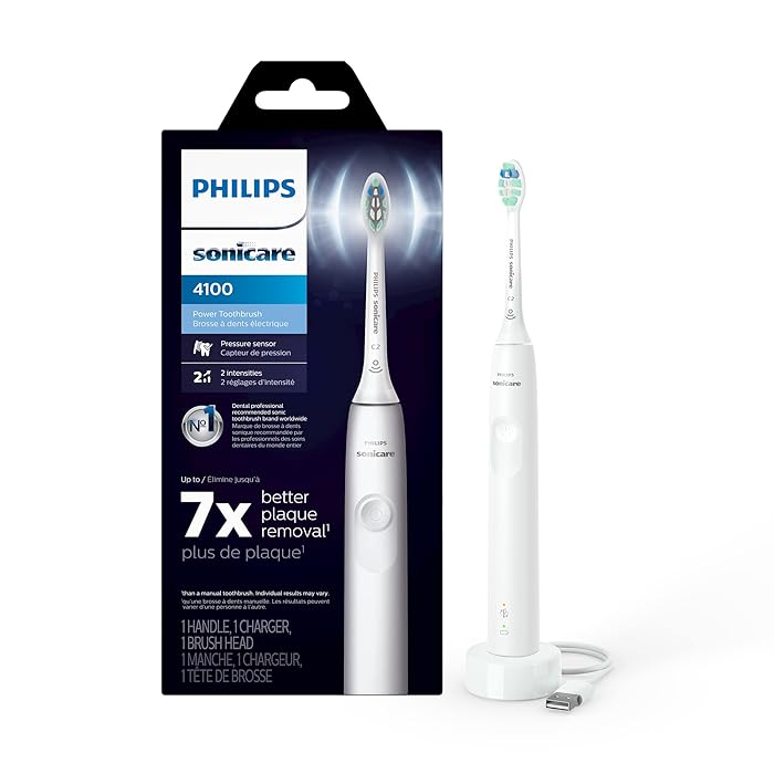 Philips Sonicare4100 Rechargeable Electric Toothbrush, with Pressure Sensor, 2 Intensity Settings, SmarTimer and QuadPacer, 14-Day Battery Life, White, Model HX3681/23