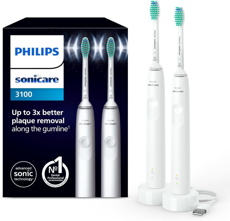 Philips Sonicare HX3675/13 Electric Toothbrush, Sonic Toothbrush, Pressure Sensor and Timer, White, Double Pack, HX3675/13