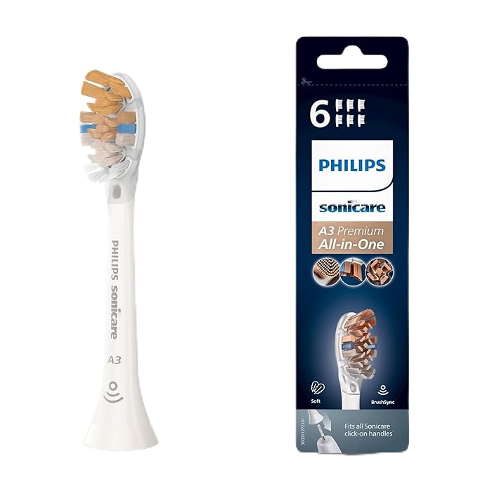 Philips Sonicare Genuine A3 Premium All-in-One Replacement Electric Toothbrush Head – Pack of 6 Philips Sonicare Replacement Brush Heads in White (Model HX9096/10)