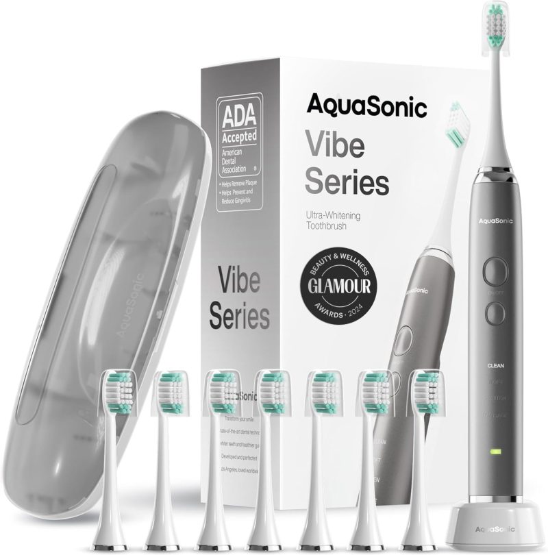 Aquasonic Vibe Series Ultra-Whitening Toothbrush – ADA Accepted Electric Toothbrush - 8 Brush Heads & Travel Case – 40,000 VPM Motor & Wireless Charging - 4 Modes w Smart Timer – Charcoal Metallic