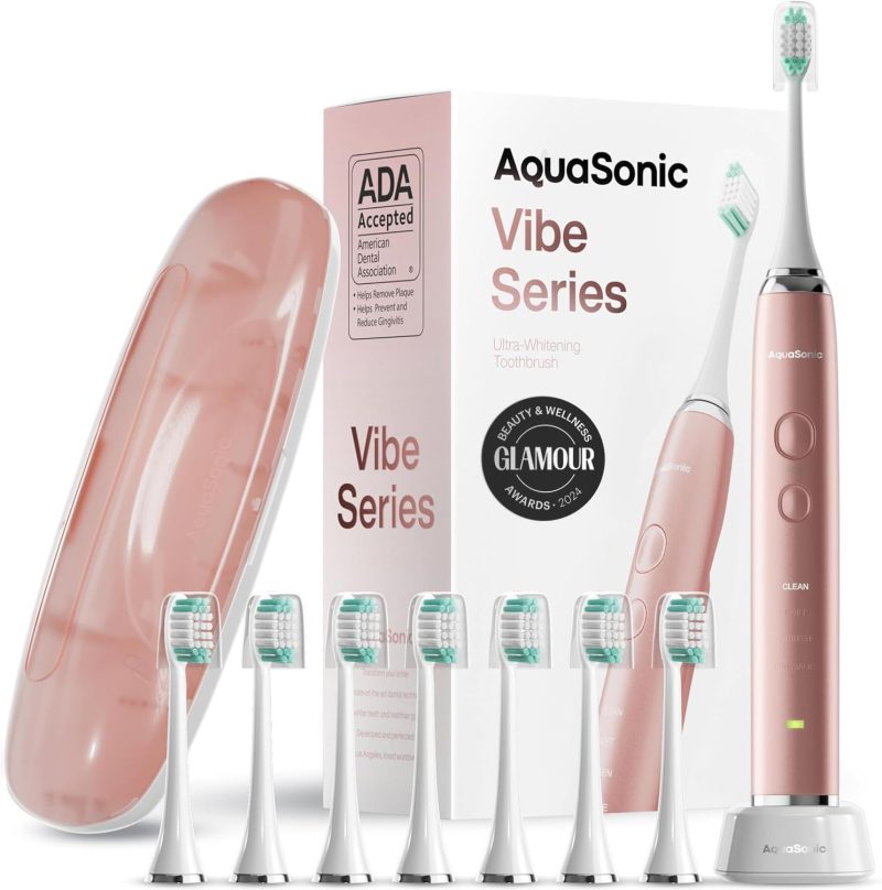 Aquasonic Vibe Series Ultra-Whitening Toothbrush – ADA Accepted Electric Toothbrush - 8 Brush Heads & Travel Case – 40,000 VPM Motor & Wireless Charging - 4 Modes w Smart Timer – Satin Rose Gold