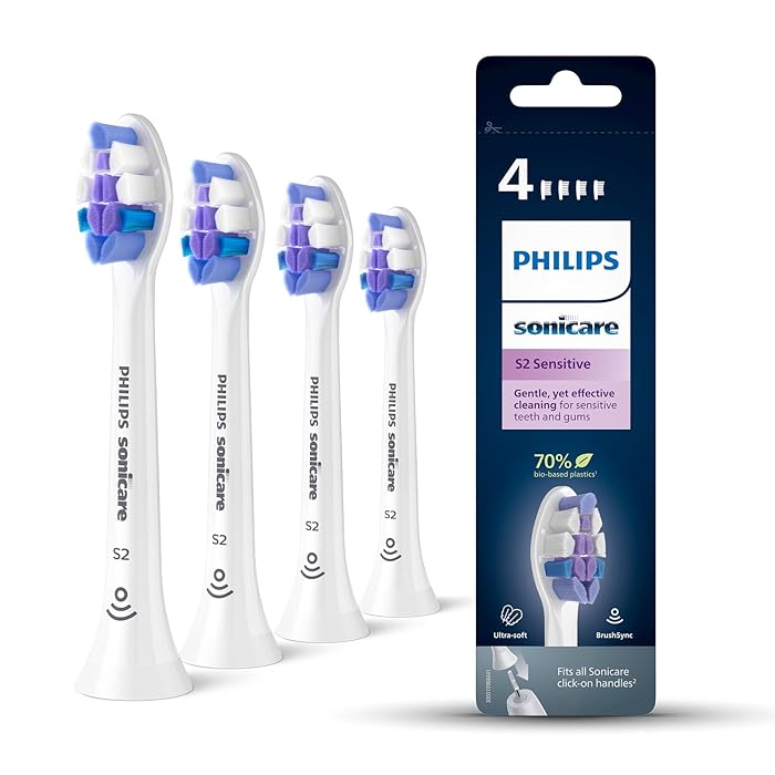 Philips Sonicare Brush Heads, S2 Sensitive Brush Head with Ultra-Soft bristles for Sensitive Teeth and Gums, White, 4-Pack, (Model HX6054/10)