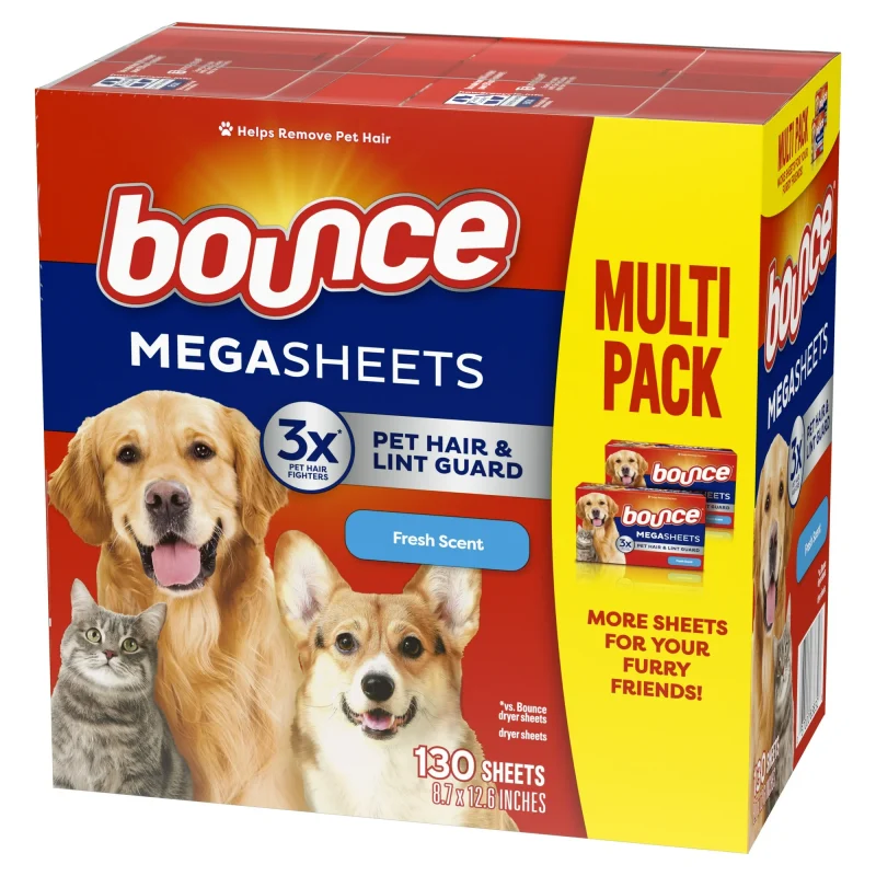 Bounce Pet Hair and Lint Guard Mega Dryer Sheets, Fresh Scent, 130 Count