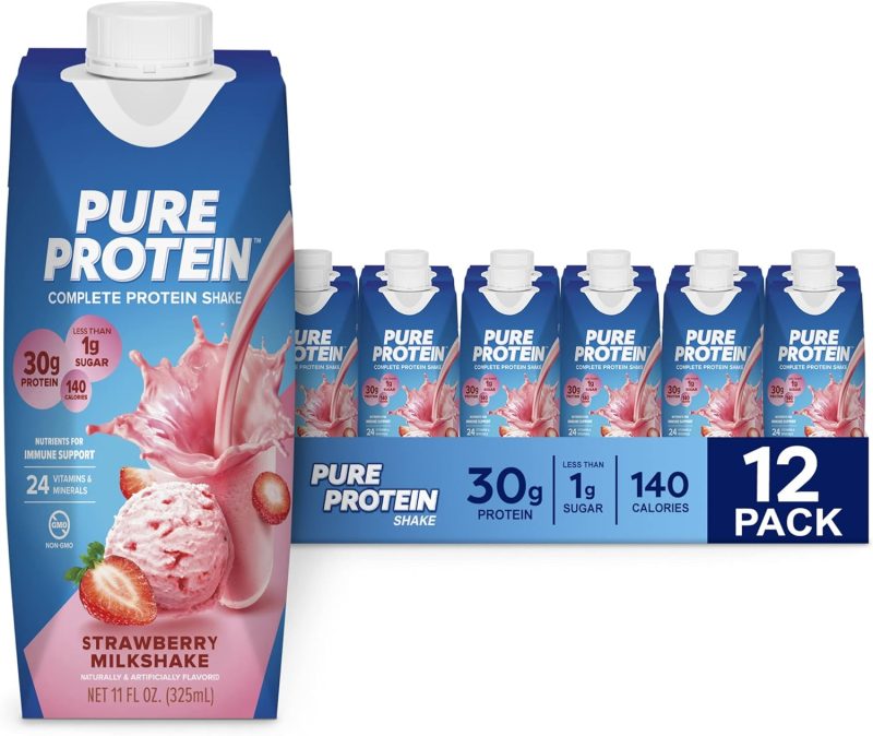 Pure Protein Strawberry Protein Shake, 30g Complete Protein, Ready to Drink and Keto-Friendly, Vitamins A, C, D, and E plus Zinc to Support Immune Health, 11oz Bottles, 12 Pack