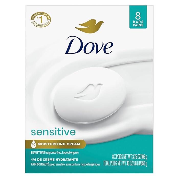 DoveBeauty Bar Soap Sensitive, 8 Bars for Sensitive Skin, Fragrance Free and Hypoallergenic 3.75 oz