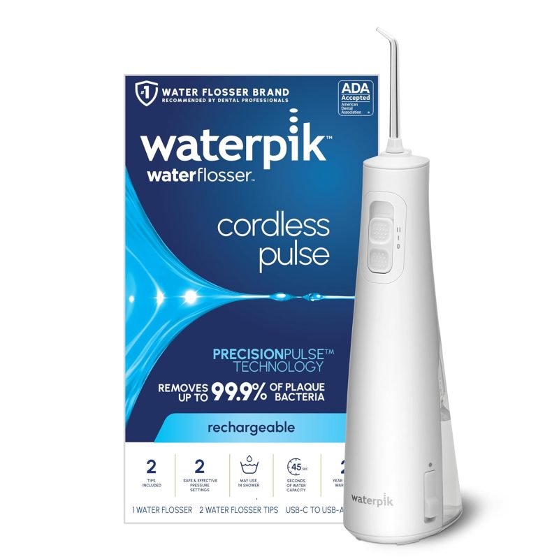 Waterpik Cordless Pulse Rechargeable Portable Water Flosser for Teeth, Gums, Braces Care and Travel with 2 Flossing Tips, Waterproof, ADA Accepted, WF-20 White
