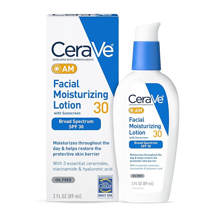CeraVeAM Facial Moisturizing Lotion with SPF 30 | Oil-Free Face Moisturizer with SPF | Formulated with Hyaluronic Acid, Niacinamide & Ceramides | Non-Comedogenic | Broad Spectrum Sunscreen | 3 Ounce