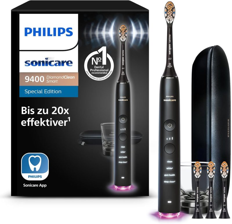 Philips Sonicare DiamondClean Smart 9400 Electric Toothbrush, Sonic Toothbrush with App, Pressure Sensor, Brush Head Detection, 4 Cleaning Modes and 3 Intensity Levels, Black, Model HX9918/89