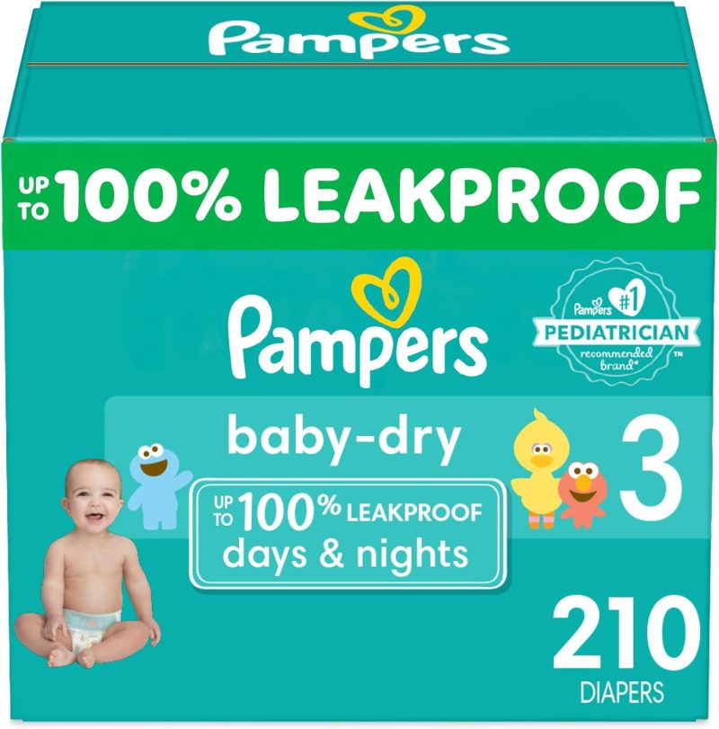Pampers Baby Dry Diapers - Size 3, One Month Supply (210 Count), Absorbent Disposable Diapers