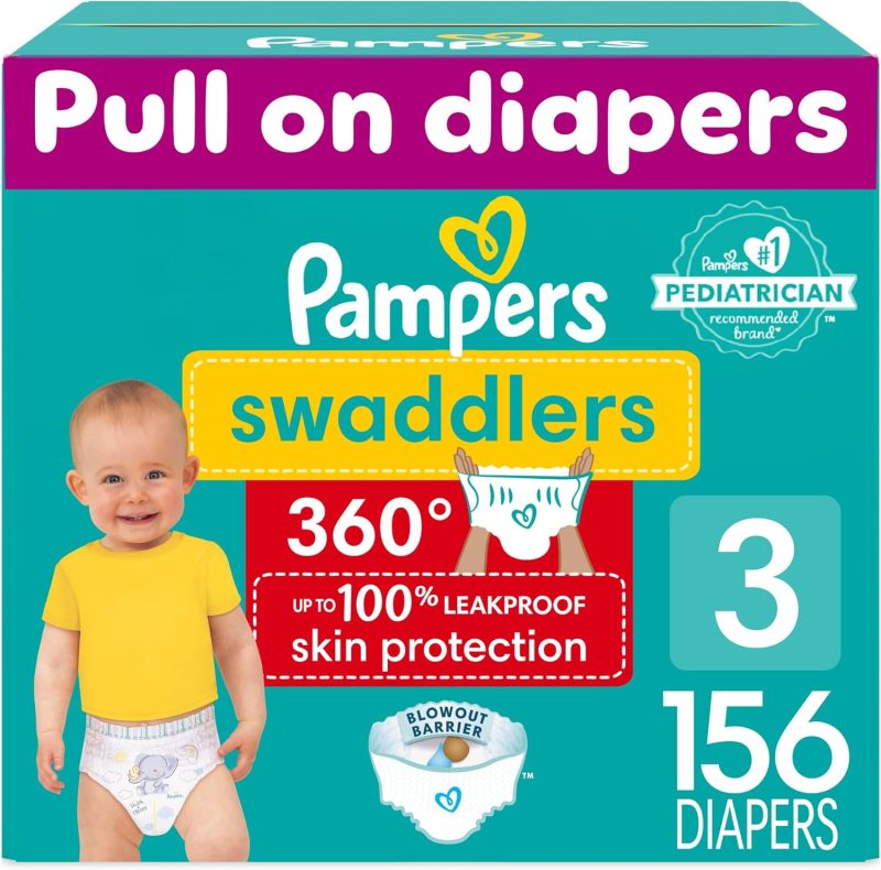 Pampers Swaddlers 360 Pull-On Diapers, Size 3, 156 Count, One Month Supply, for up to 100% Leakproof Skin Protection and Easy Changes