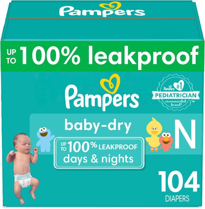 Pampers Baby Dry Diapers Newborn - Size 0, 104 Count, Absorbent Disposable Diapers