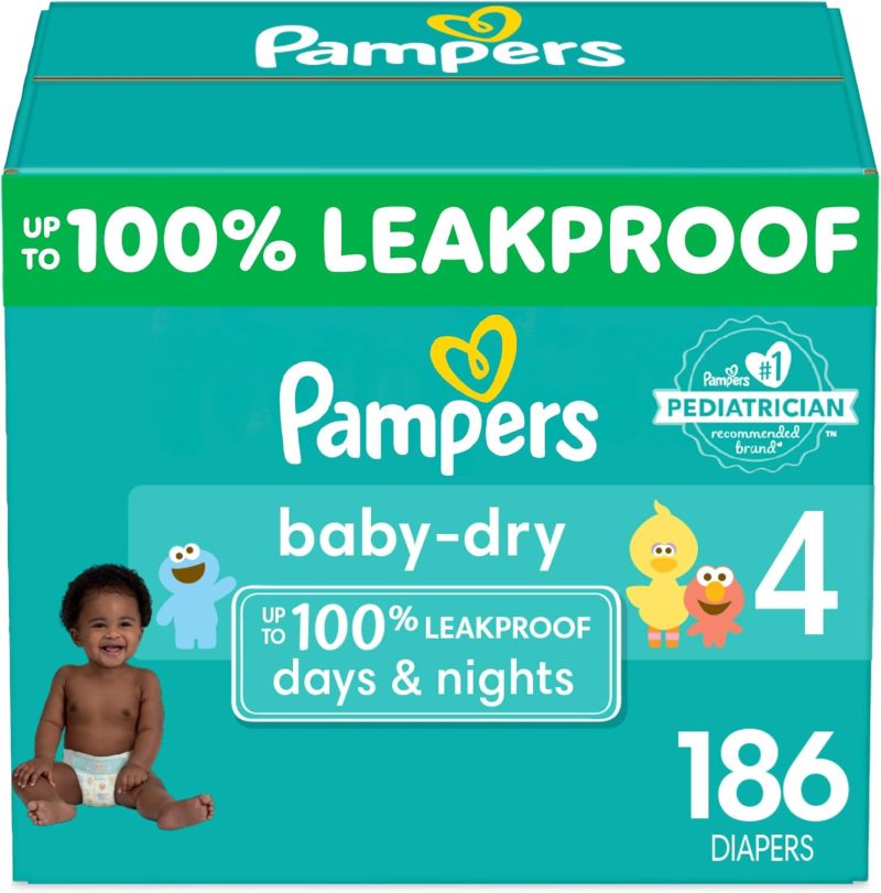 Pampers Baby Dry Diapers - Size 4, One Month Supply (186 Count), Absorbent Disposable Diapers