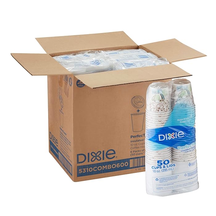 Dixie PerfecTouch 10 oz Insulated Paper Hot Coffee Cup and Lid Set by GP PRO (Georgia-Pacific), Coffee Haze and White, 5310COMBO600, 300 Cups and 300 Lids (50 Cups and Lids Per Pack, 6 Packs Per Case)