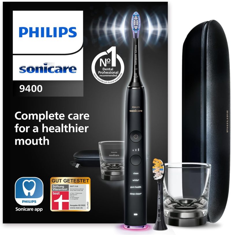 Philips Sonicare DiamondClean Smart 9400 Electric Toothbrush, Sonic Toothbrush with App, Pressure Sensor, Brush Head Detection, 4 Cleaning Modes and 3 Intensity Levels, Black, Model HX9917/89