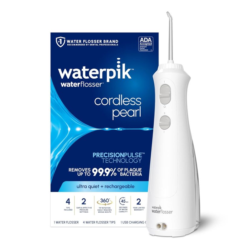 Waterpik Cordless Pearl Rechargeable Portable Water Flosser for Teeth, Gums, Braces Care and Travel with 4 Flossing Tips - ADA Accepted, WF-13 White