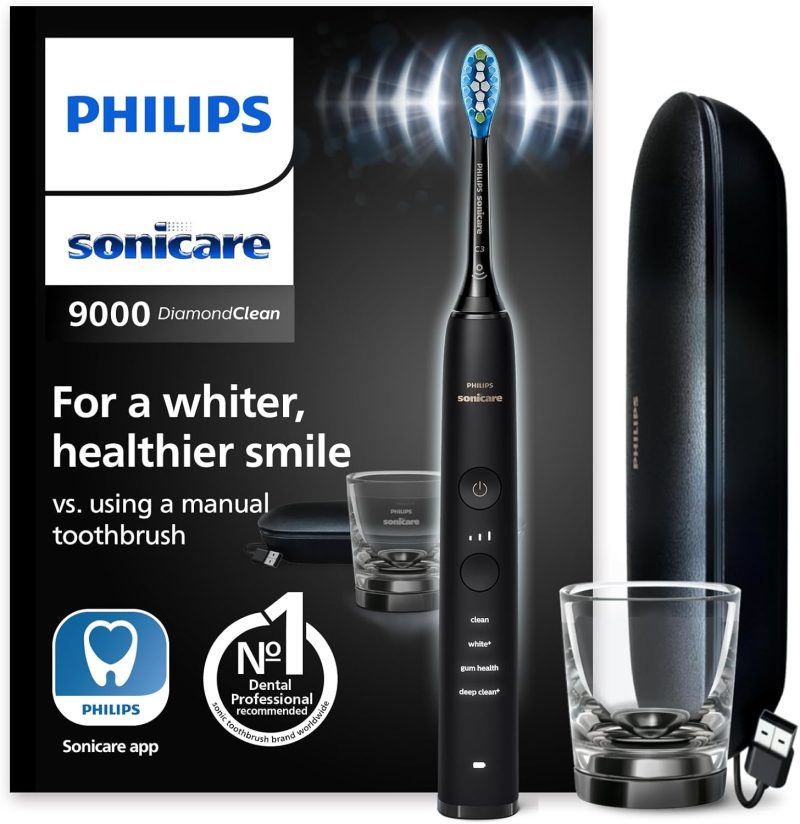 Philips Sonicare DiamondClean 9000 Electric Toothbrush HX9911/09, Sonic Toothbrush with 4 Cleaning Programmes, 3 Intensities, Pressure Control, Charging Glass and USB Travel Case, Black