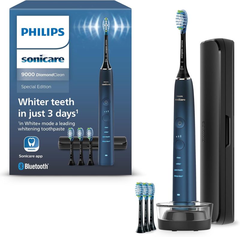 Philips Sonicare DiamondClean 9000 Series Electric Toothbrush - Sonic Toothbrush, Cleaner Teeth and Oral Care with 4x C3 Premium Plaque Defense Brush Heads, Aquamarine (Model HX9911/89)