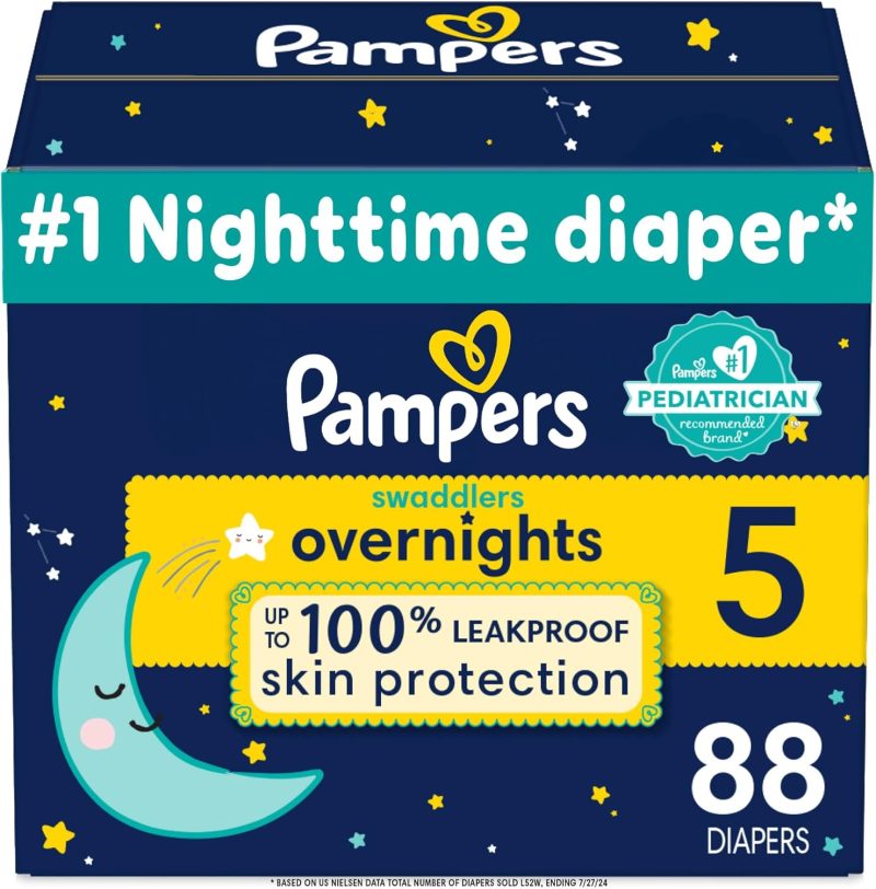 Pampers Swaddlers Overnights Diapers - Size 5, 88 Count, Disposable Baby Diapers, Night Time Skin Protection