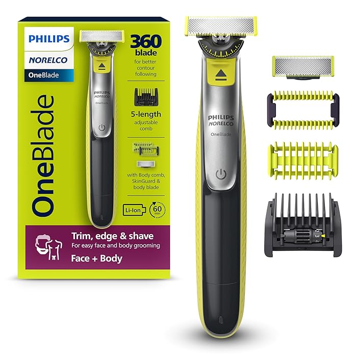 Philips NorelcoOneBlade 360 Face + Body, Hybrid Electric Razor and Beard Trimmer for Men with 5-in-1 Face Stubble Comb and Body Hair Trimmer Kit, QP2834/70