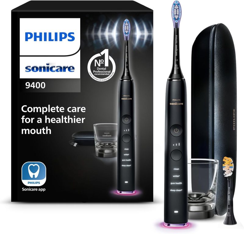 Philips Sonicare DiamondClean Smart 9400 Electric Toothbrush, Sonic Toothbrush with App, Pressure Sensor, Brush Head Detection, 4 Cleaning Modes and 3 Intensity Levels, Black, Model HX9917/89
