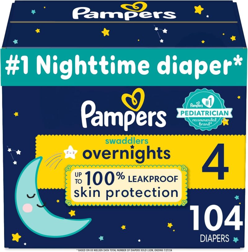 Pampers Swaddlers Overnights Diapers - Size 4, 104 Count, Disposable Baby Diapers, Night Time Skin Protection