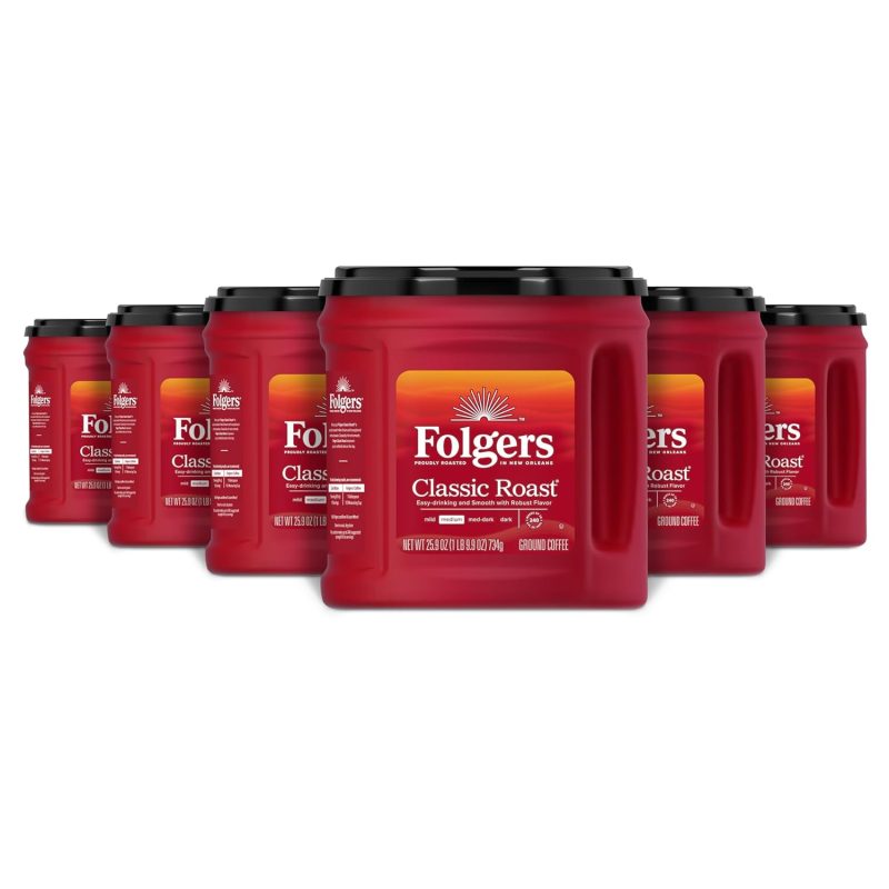 Folgers Classic Roast Medium Roast Ground Coffee, 25.9 Ounces (Pack of 6)