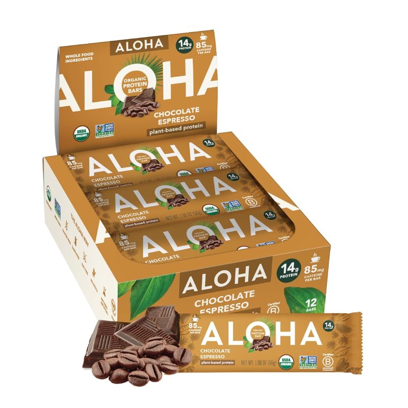 ALOHA Organic Plant Based Protein Bars - Chocolate Espresso (85mg Caffeine) - 12 Bars, Vegan, Low Sugar, Gluten-Free, Paleo, Low Carb, Non-GMO, No Stevia, No Erythritol