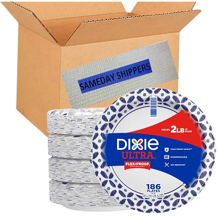Dixie Ultra Paper Plates, 10 1/16 inch, Dinner Size Printed Disposable Plate, 186 Count (4 Packs of 46 Plates), Packaging and Design May Vary