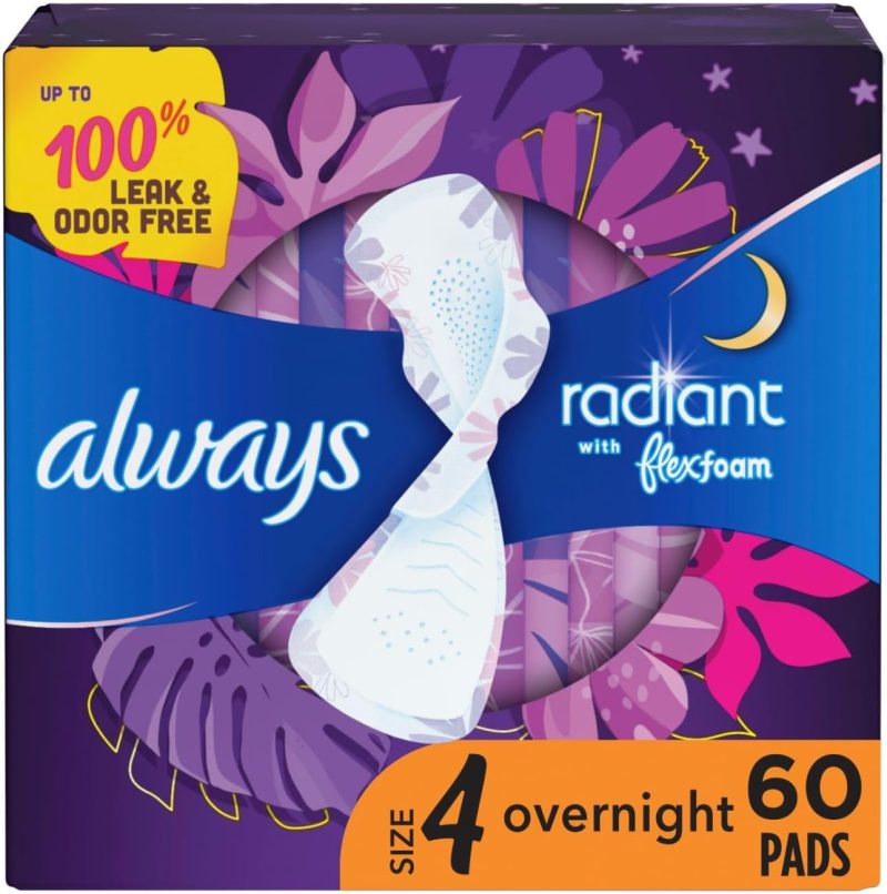 Always Radiant Overnight Feminine Pads for Women, Size 4 for Nighttime, with Wings, Scented, 60 CT