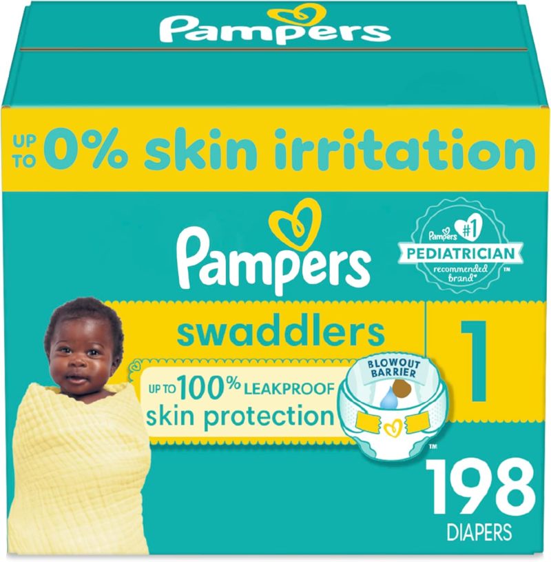 Pampers Swaddlers Diapers - Size 1, One Month Supply (198 Count), Ultra Soft Disposable Baby Diapers
