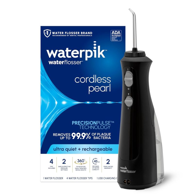 Waterpik Cordless Pearl Rechargeable Portable Water Flosser for Teeth, Gums, Braces Care and Travel with 4 Flossing Tips - ADA Accepted, WF-13 Black