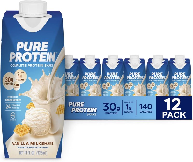 Pure Protein Vanilla Protein Shake, 30g Complete Protein, Vitamins A, C, D, and E plus Zinc to Support Immune Health, Ready to Drink and Keto-Friendly, 11oz Bottles, 12 Pack