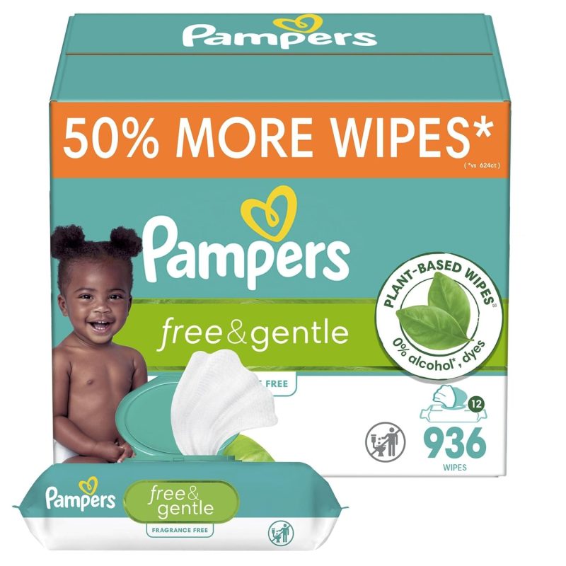 Pampers Free & Gentle Baby Wipes, 99% Water, Hypoallergenic, Unscented, 100% Plant Based, Plastic-Free Baby Wipes, 936 Baby Wipes Total (12 Flip-Top Packs)