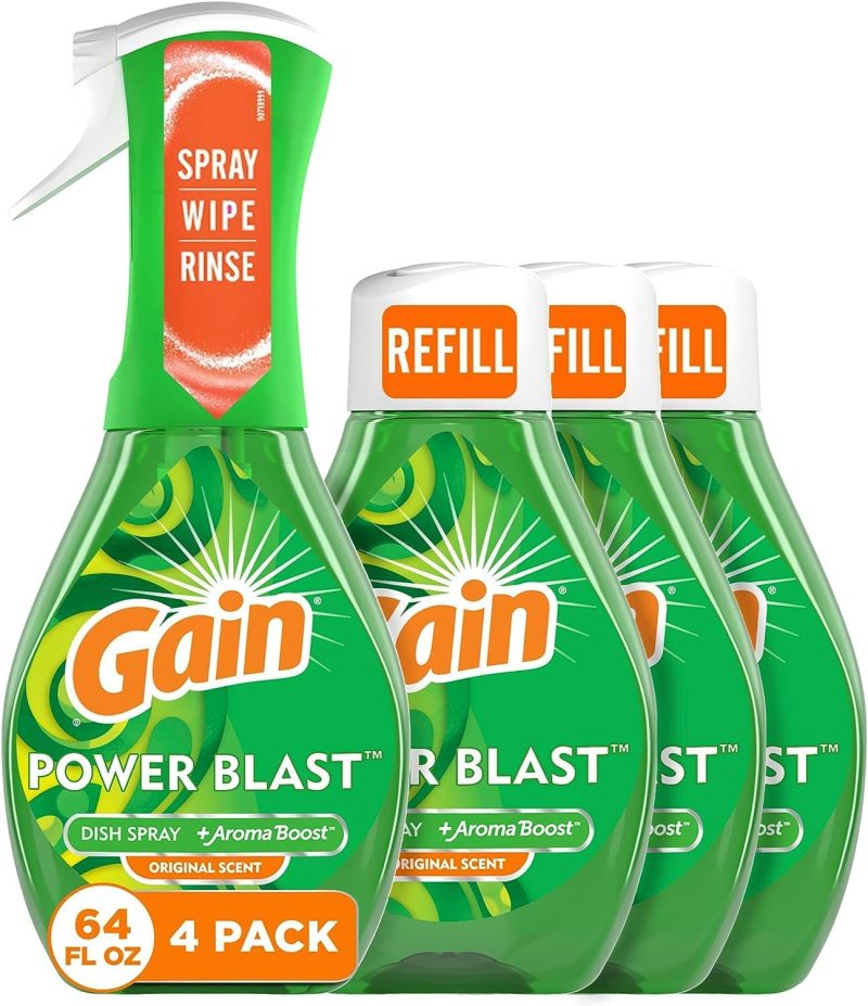 Gain Powerblast Dish Spray, Dish Soap, Original Scent Bundle, 1 Spray (16oz) + 3 Refills (16oz each)