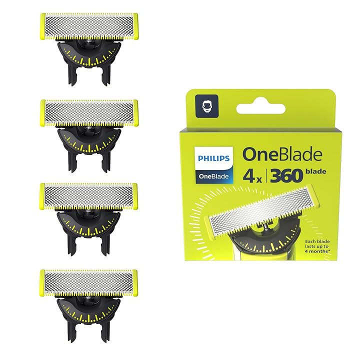 Philips OneBlade 360-Innovation Authentic Replacement Blades for OneBlade Hybrid Electric Shaver & Trimmer. Trim, Edge and Shave with Durable Stainless Steel, 4x pack (16 Month Supply), Model QP440/50