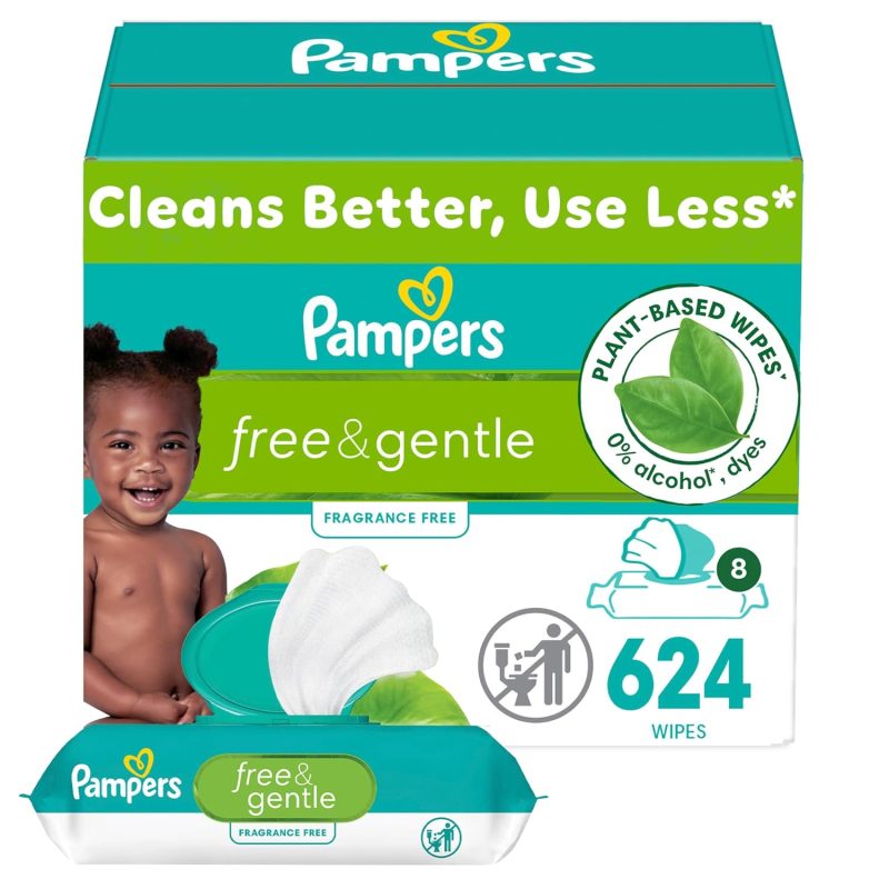 Pampers Free & Gentle Baby Wipes, 99% Water, Hypoallergenic, Unscented, 100% Plant Based, Plastic-Free Baby Wipes, 624 Baby Wipes Total (8 Flip-Top Packs)