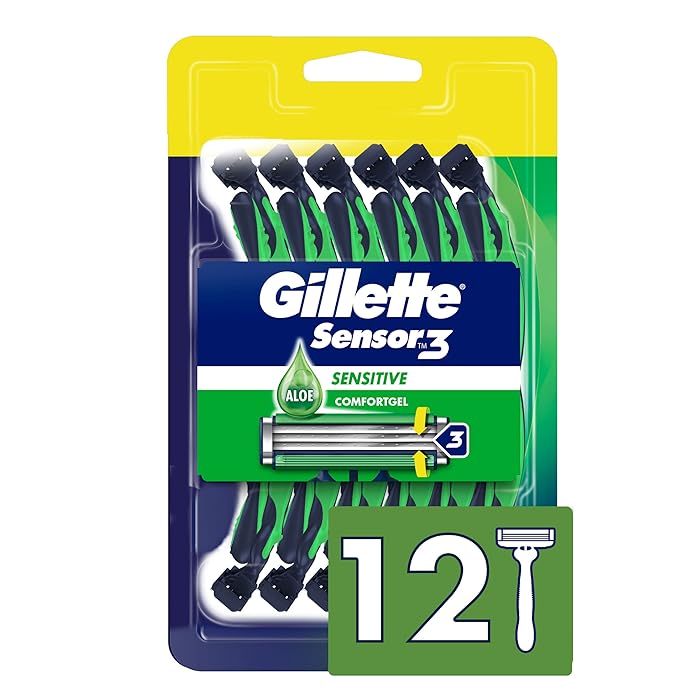 GilletteSensor3 Sensitive Men's Disposable Razor, 12 Razors