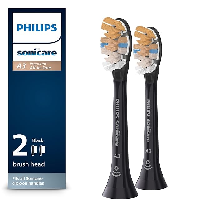 Philips Sonicare Genuine A3 Premium All-in-One Replacement Toothbrush Heads, 2 Brush Heads, Black, HX9092/95