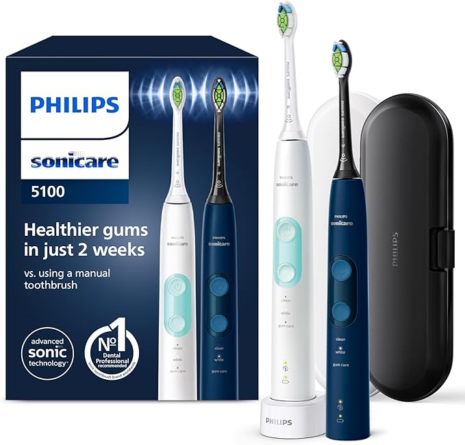 Philips Sonicare Electric Toothbrush ProtectiveClean 5100 Duo - For whiter teeth - Built-in brushing pressure sensor - 3 Cleaning modes - Signal brush head replacement - Travel case - HX6851/34