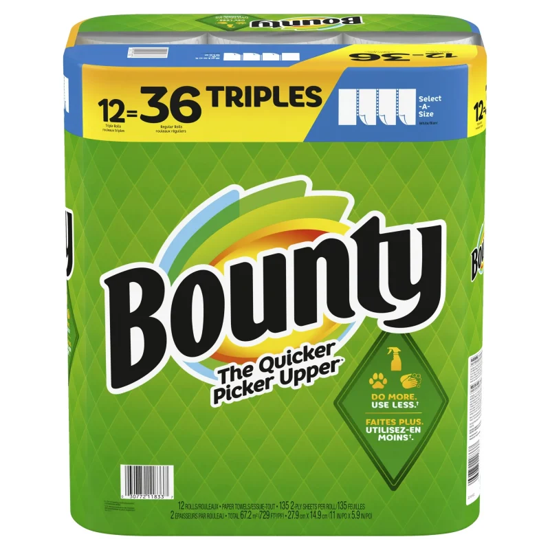Bounty Select-A-Size Paper Towels, Triple Rolls, White, 135 Sheets per Roll, 12 Count