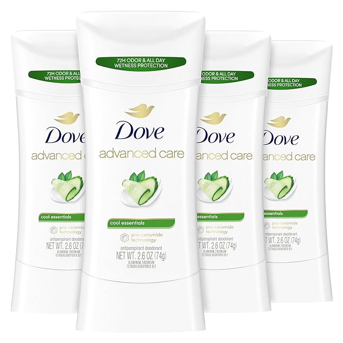 DoveAdvanced Care Antiperspirant Deodorant Stick Cool Essentials 4 ct for helping your skin barrier repair after shaving 72 hour odor control and sweat protection with Pro Ceramide Technology 2.6 oz