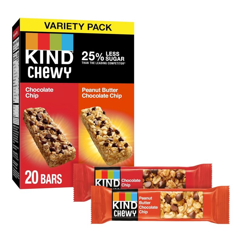 KIND Chewy Granola Bars, Chocolate Chip and Peanut Butter Chocolate Chip, Variety Pack, 100% Whole Grains, Gluten Free Bars, 0.81 oz (20 Count)