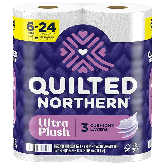Quilted Northern Ultra Plush Toilet Paper, 6 Mega Rolls = 24 Regular Rolls, 3X Thicker*, 3 Ply Soft Toilet Tissue